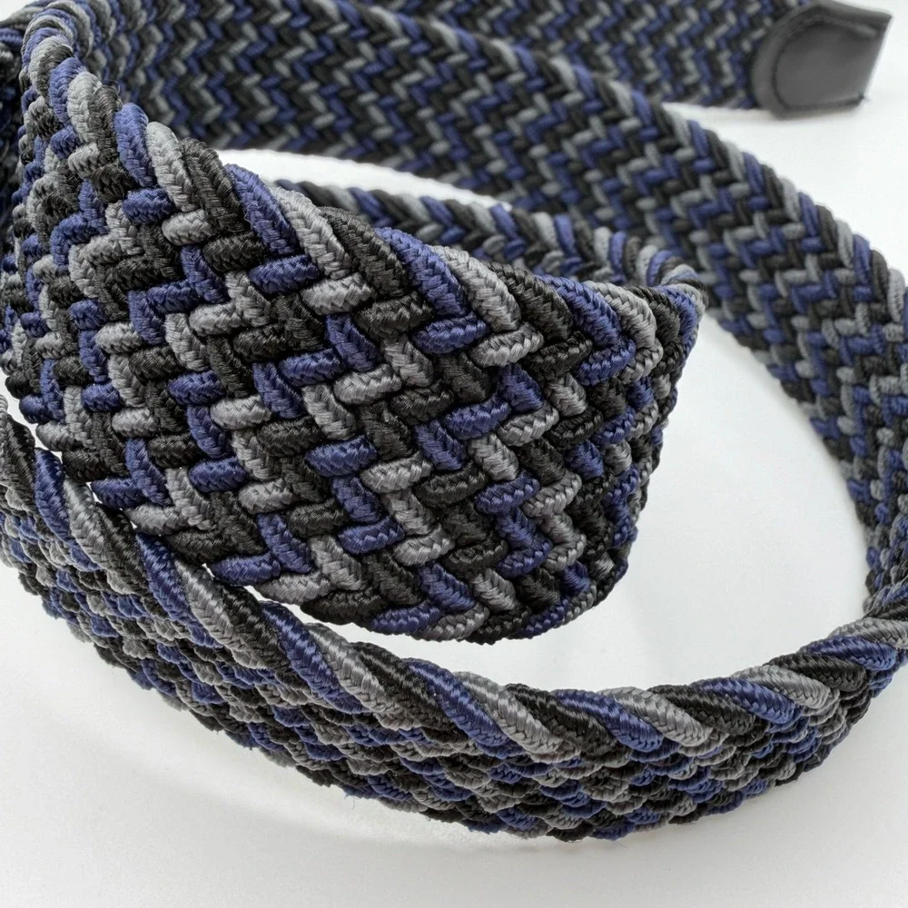 Tommy Bahama‎ Mens Braided Stretch Belt Navy Grey Black Leather Trim S/M